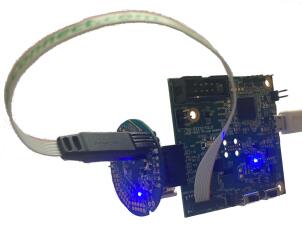 BL654 Sensor Board connected to USB-SWD Programmer (UART and SWD access)