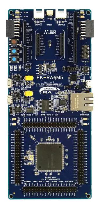 A picture of the RA6M5 Evaluation Kit board