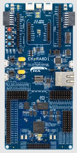 A picture of the RA8D1 Evaluation Kit board