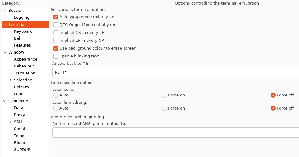 RTT PuTTY terminal configuration.